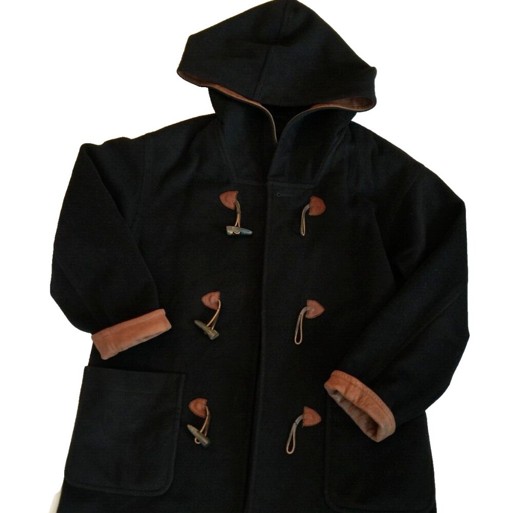 VINTAGE 100% WOOL LEATHER TRIM HOODED DUFFLE COAT WOMENS 10 BLACK MADE IN USA
